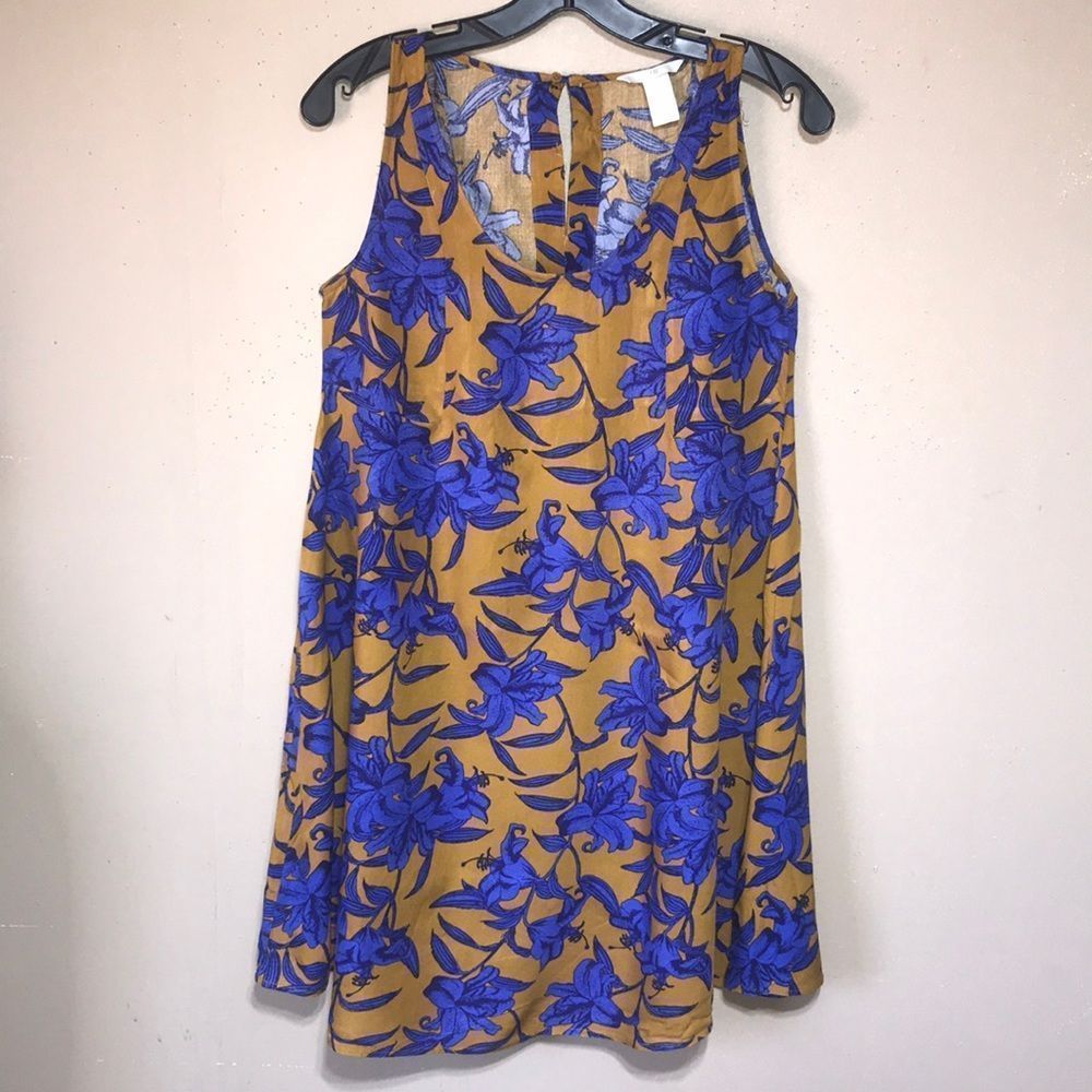H&M purple & gold boho floral print sleeveless swing dress size 4